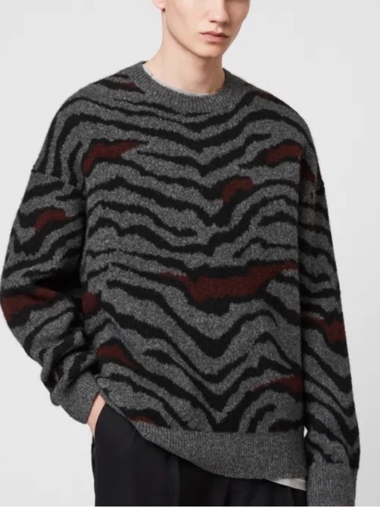All Saints Men's Grey Zebra-Stripe Crewneck Sweater